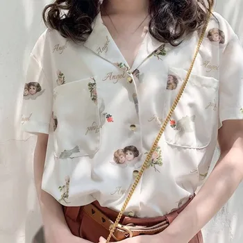 

Summer Women Tops Blouse Harajuku Print Short Sleeve Turn-down Collar Vintage Korean Style Chiffon Shirts Lady Streetwear