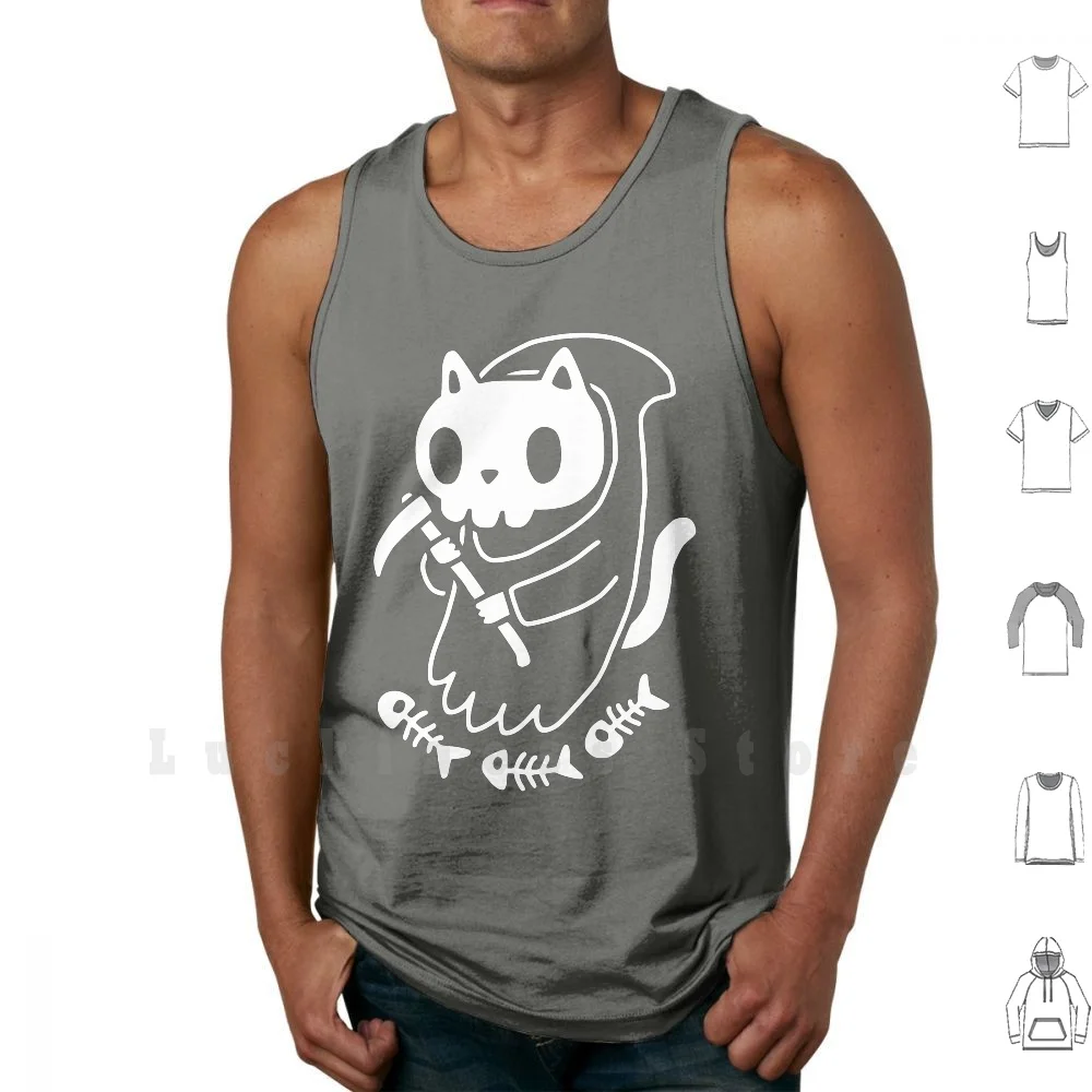 Reaper Cat Canotte Canottiera Senza Maniche Gatto Gatti Morte Grim Mietitore Mietitore Cranio Teschi Scythe Scheletro Pesce Pesce