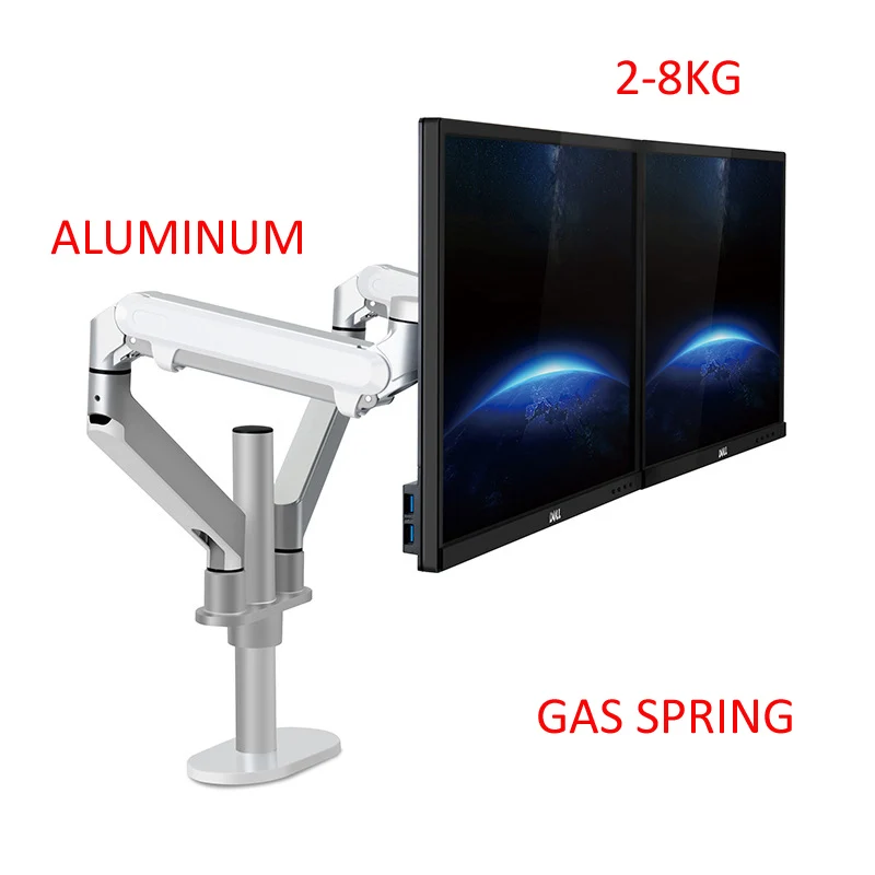 

Алюминиевая стандартная настольная подставка 10-32 дюйма с пневматическим прессом, наклоном, креплением для ЖК-дисплея, поворотом на 2-8 кг, двойной монитор, настольная подставка, зажим, втулка, основание