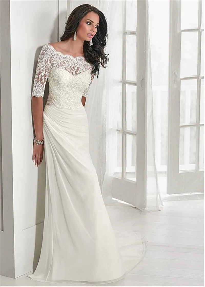 Half Sleeves Lace Top Chiffon Dress with Pleated Sunset