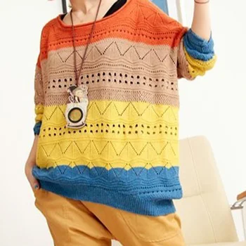 

2020 winter sweaters special color stripe spell color long-sleeved loose large version hedging hollow knitted women sweater 7498