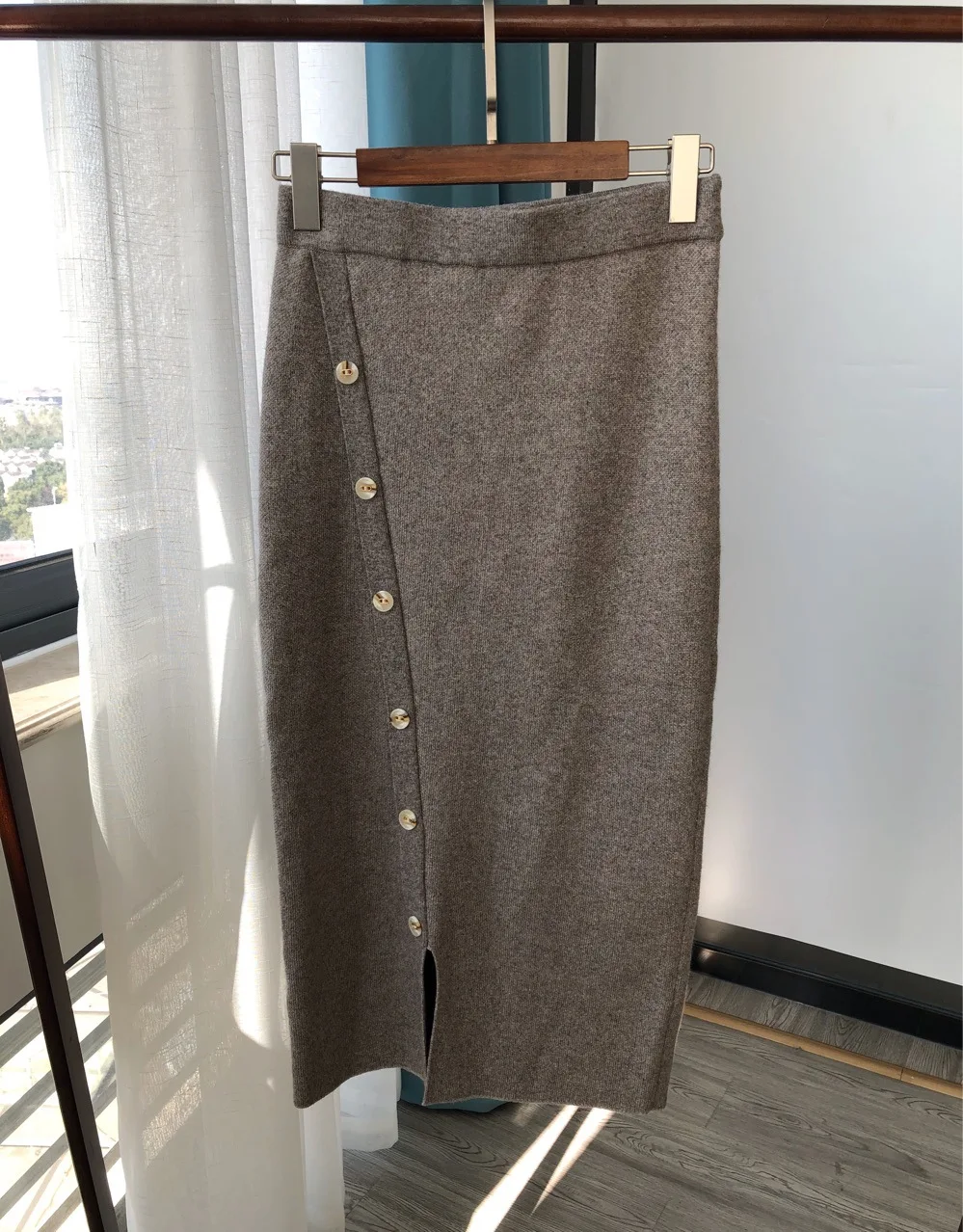 Camel Yakwool трикотажная юбка Женская Повседневная однотонная элегантная до середины икры трикотажная юбка с пуговицами - Цвет: Camel