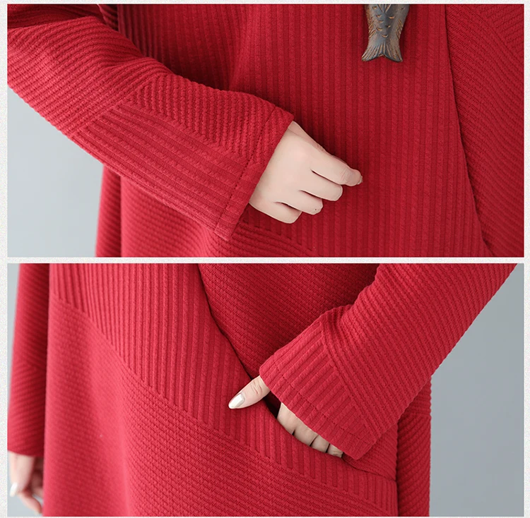 women Sweater dress winter long sleeve Cotton Thicken Turtleneck Striped maxi dresses female knitting Pockets Dress vestido