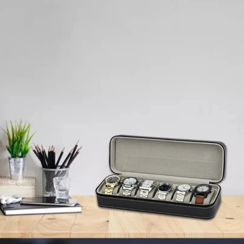 6 Slot Watch Box Portable Travel Zipper Case Collector Storage