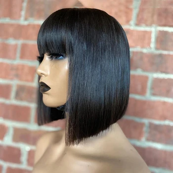 

13*4 Short Bob Wig Brazilian Lace Front Human Hair Wigs With Bangs Pre-Plucked Natural Color Bleached Knots Remy Hair 150% Wig