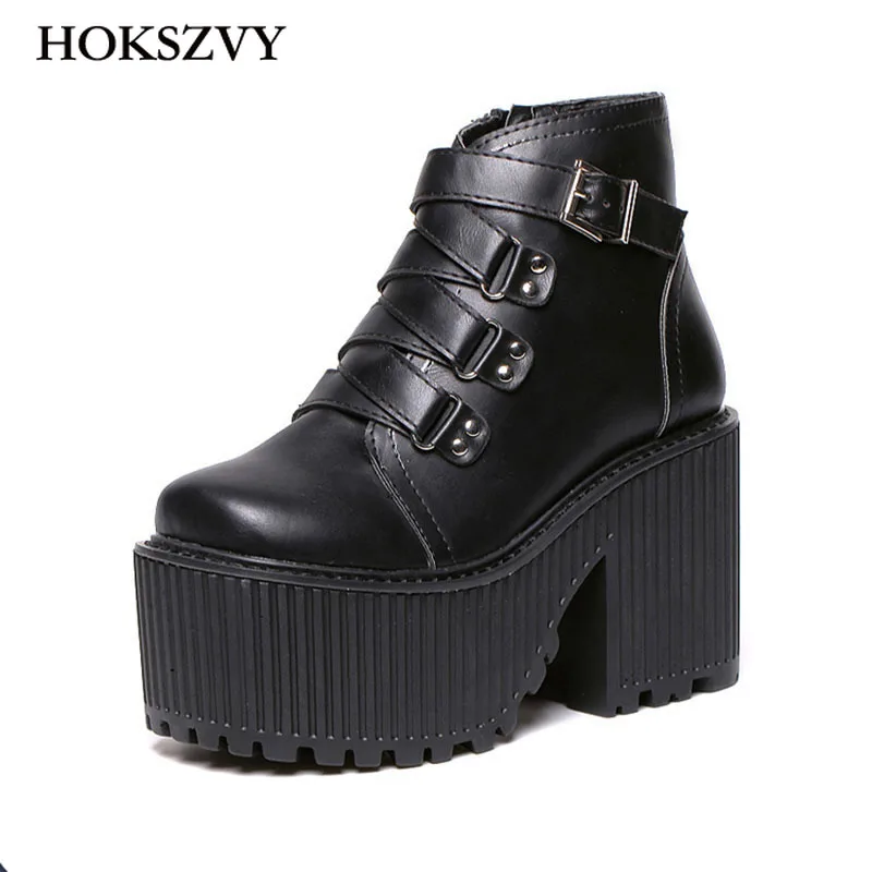 

Platform Women Black Ankle Boots Shoes Womens Toe Platform Round Autumn Thick Boots High Boots Lace Up Buckle Ladies JXQ-4407