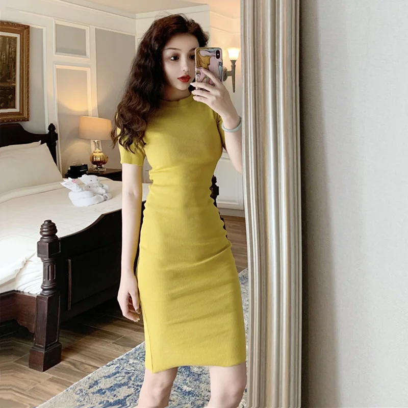 

Retro Short Sleeve Crew Neck Solid Color Dress Summer Wear for Women 2019 New Style Korean-style Sexy Tight Slimming A- line Ski