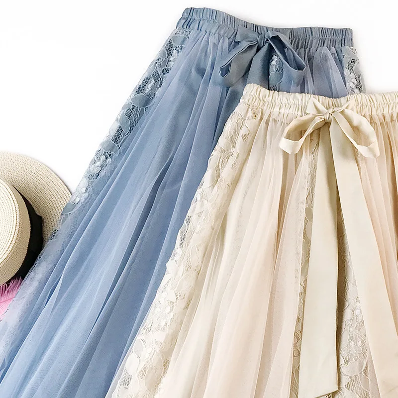 Zuolunouba Europe Preppy Style Women Skirts Lace Patchwork Ball Gown Bow Elastic Waist Mesh Long Skirt Blue Japanese Style denim skirts for women