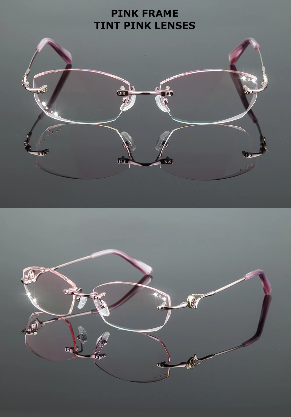 Back view of Women's Diamond Rimless Titanium Frame Eyeglasses 8007