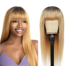 

Human Hair Wig With Bangs Straight Hair Colored Ombre Honey Blonde Brazilian Hair Full Machine Wigs For Women Non-Remy IJOY