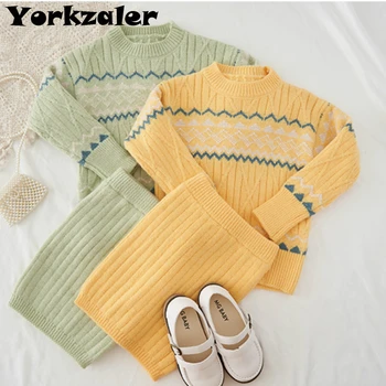 

Girls Autumn 2020 Sweaters Baby Girls 2 Piece Sweater Sets New Children's Autumn Knitted Tops and Pencil Skirt Fashion Wear