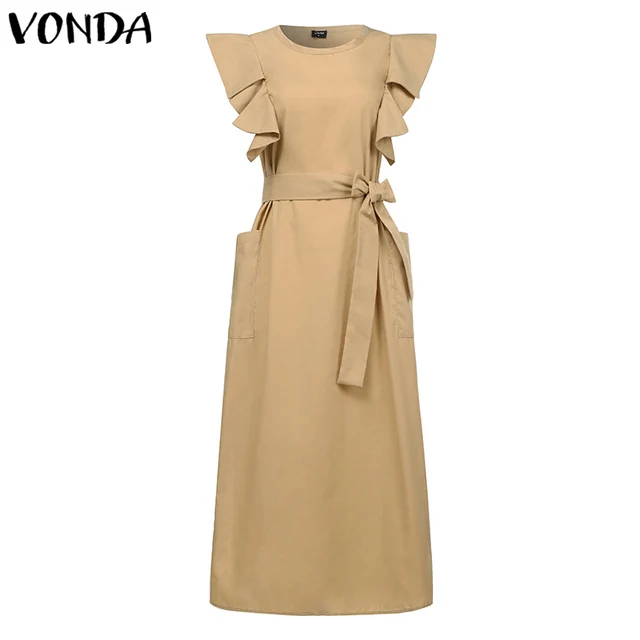 VONDA Sexy Sleeveless Summer Dress Ruffle Maxi Long Dress With Belt 2021 Women Bohemian Sundress Party Vestido  Robe 5