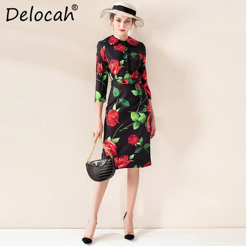 Delocah, осенне-зимнее женское платье, подиумное, модное, дизайнерское, короткий рукав, простая пуговица, с принтом розы, элегантное, тонкое, женское платье - Цвет: Многоцветный
