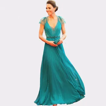 

Mint Green 2019 Formal Celebrity Dresses A-line V-neck Cap Sleeves Chiffon Pearls Long Famous Red Carpet Dresses