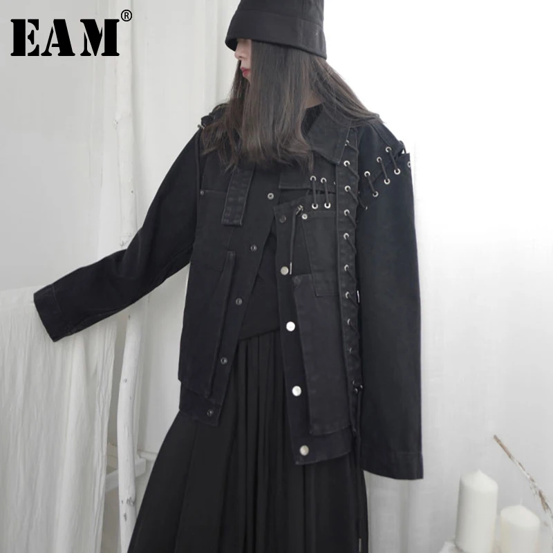 

[EAM] Loose Fit Black Bandage Split Big Size Denim Short Jacket New Lapel Long Sleeve Women Coat Fashion Tide Spring 2020 1S670