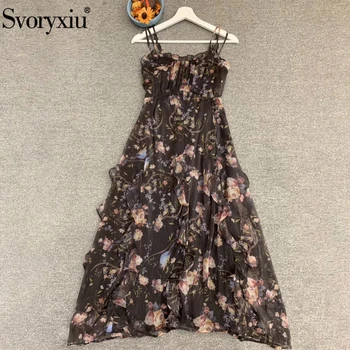 

Svoryxiu Fashion Designer Women Summer Floral Print Backless Knotted Strap Dress Ladies Sleeveless Ruffles Vintage Midi Dresses