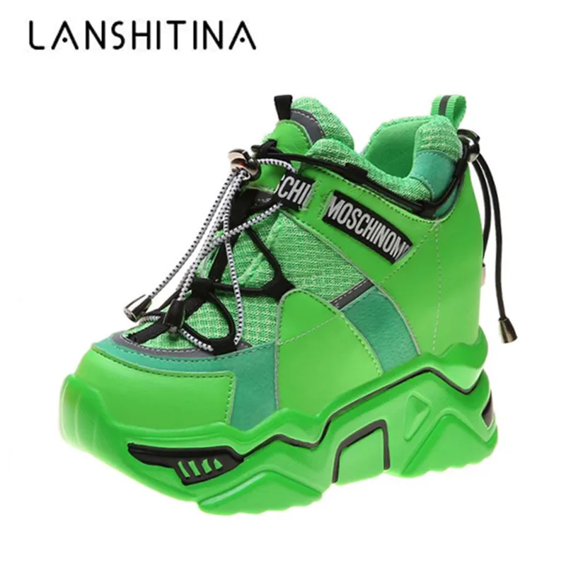 Ceny 2019 moda kobiety wysokie buty na platformie 11CM szpilki kobiety gruba podeszwa trampki jesień oddychające botki Chunky Boot Winter