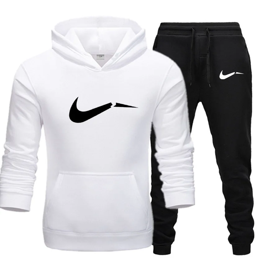 white black Мужские толстовки костюмы Cпортивные костюмы толстовки+ спортивные штаны 2 шт. осень зима флисовый пуловер с капюшоном для мужчин и женщин - Цвет: white black