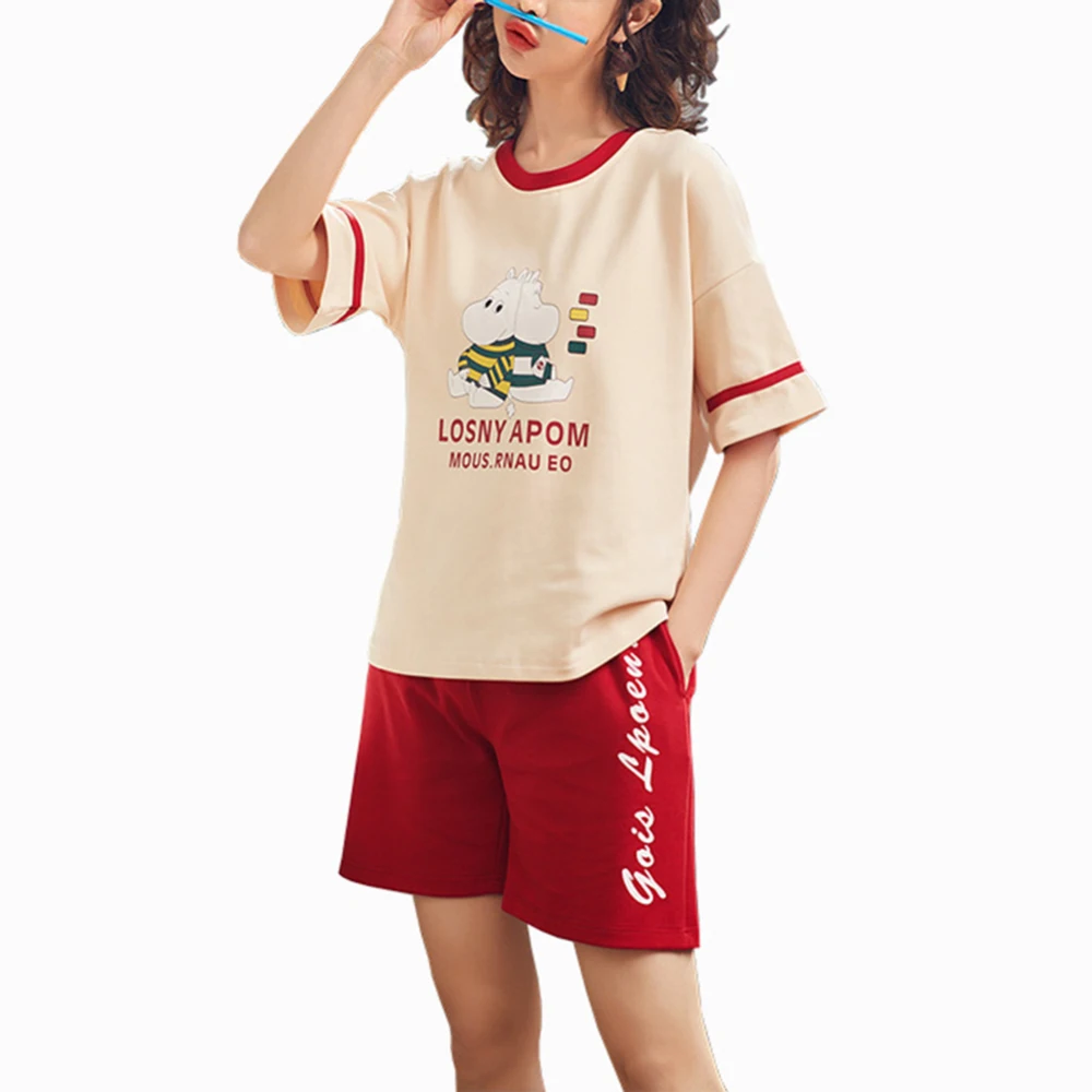 

New Women's Short-Sleeved Cotton Pajamas Sets Girls Summer Knit Cotton Home Service Pyjamas Suit Sleepwear Cartoon Nightgown