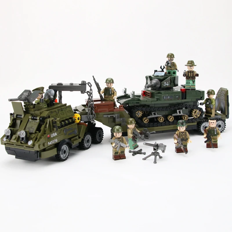 

Military USA Army Heavy Trailer Tank Building Blocks Military WW2 Tank Army Soldier Weapon Army Bricks Kids Toys For children