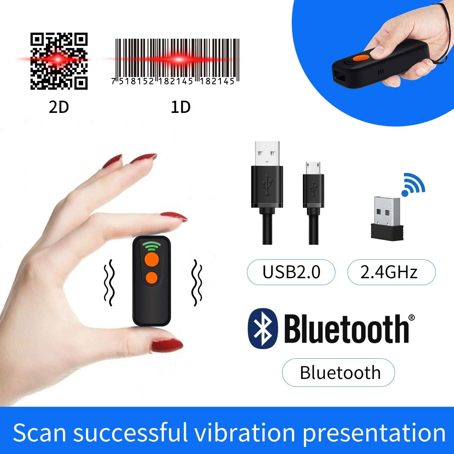 Мини 2d беспроводной сканер штрих кода Bluetooth QR считыватель 1D 2D 16M память 1800MA.H литий
