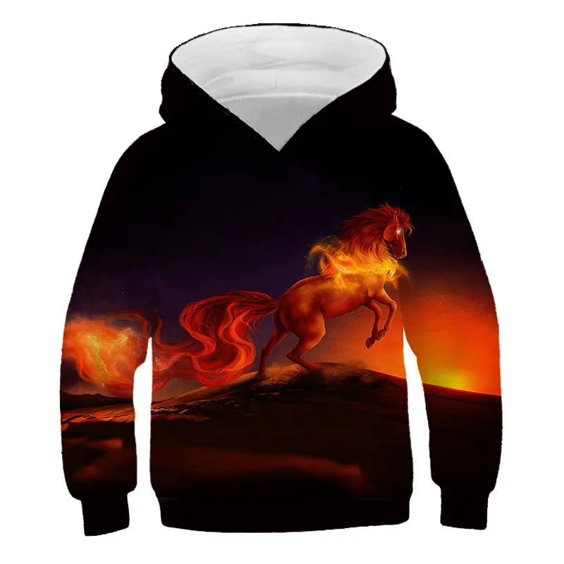 

2019 new style Kids Leisure Hooded sweater Flame horse 3D printing Child Hooded Sweatshirt street Cool Boys and girls clothing