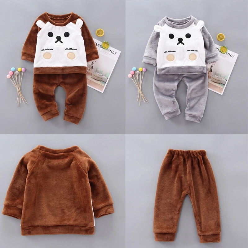 

Baby Boy Girl Pajamas Outfits 2019 New Long Sleeve Fluffy Cashmere Cartoon Bear Ear pajamas Coat Pants Winter Warm Clothes Set