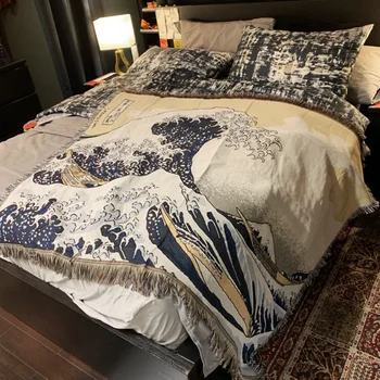 

Japanese Ukiyo-e Ocean Waves Throw Blankets Gifts Tassel Luxury Knitted cobertor Cobija For Wall hanging bedroom bed sheets