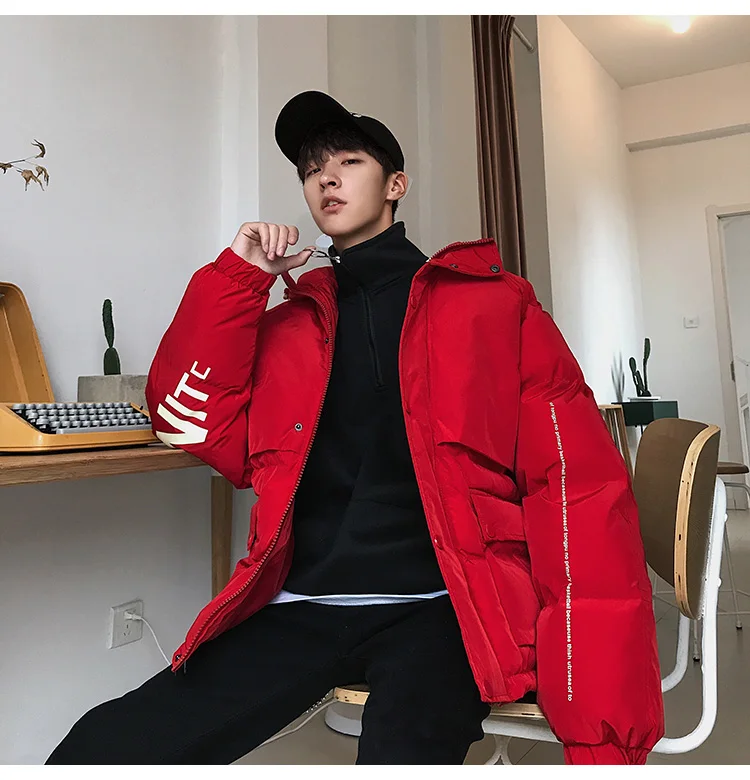 Уличная теплая зимняя мужская куртка, модная красная зимняя мужская куртка с капюшоном, толстая свободная Мужская Куртка Harajuku, Мужская ветровка