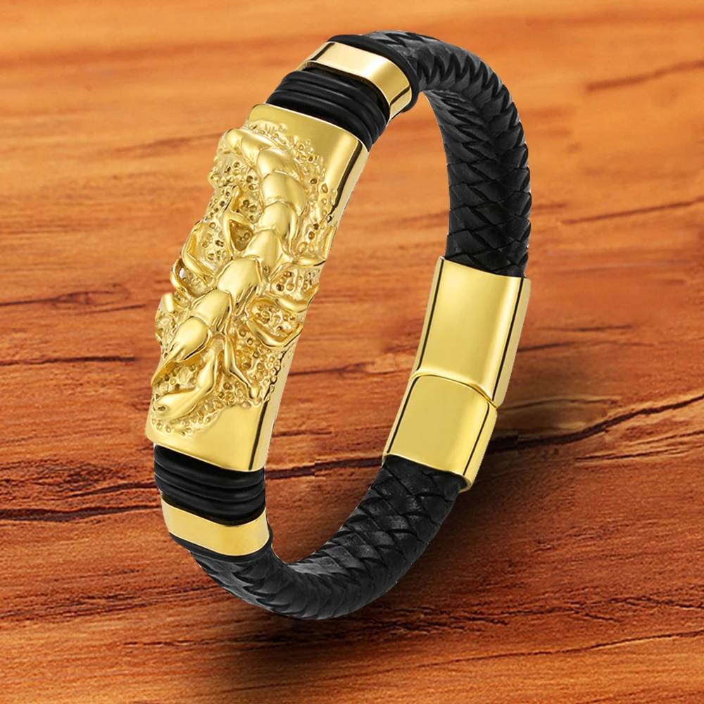 

Fashion Braided Rope Gold Stainless Steel Black Shrimp Anymal Men 's Bracelet Genuine Leather Accessories Gift For friend