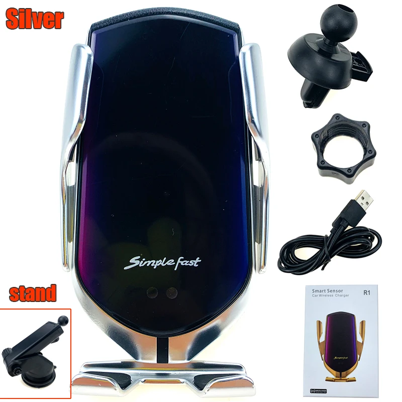 Silver with Stand R1 автоматическое зажимное 10 Вт автомобильное беспроводное зарядное устройство инфракрасная индукция Qi Беспроводное зарядное устройство Автомобильный держатель для телефона Серебряный/золотой - Тип штекера: Silver with Stand