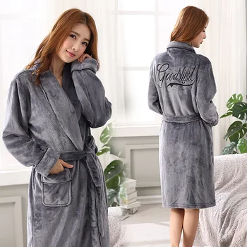 

Winter Warm Coral Fleece Sleepwear Nightwear Flannel Women Robe Kimono Gown Casual Solid Gray Bathrobe Gown Homewear Night Gown