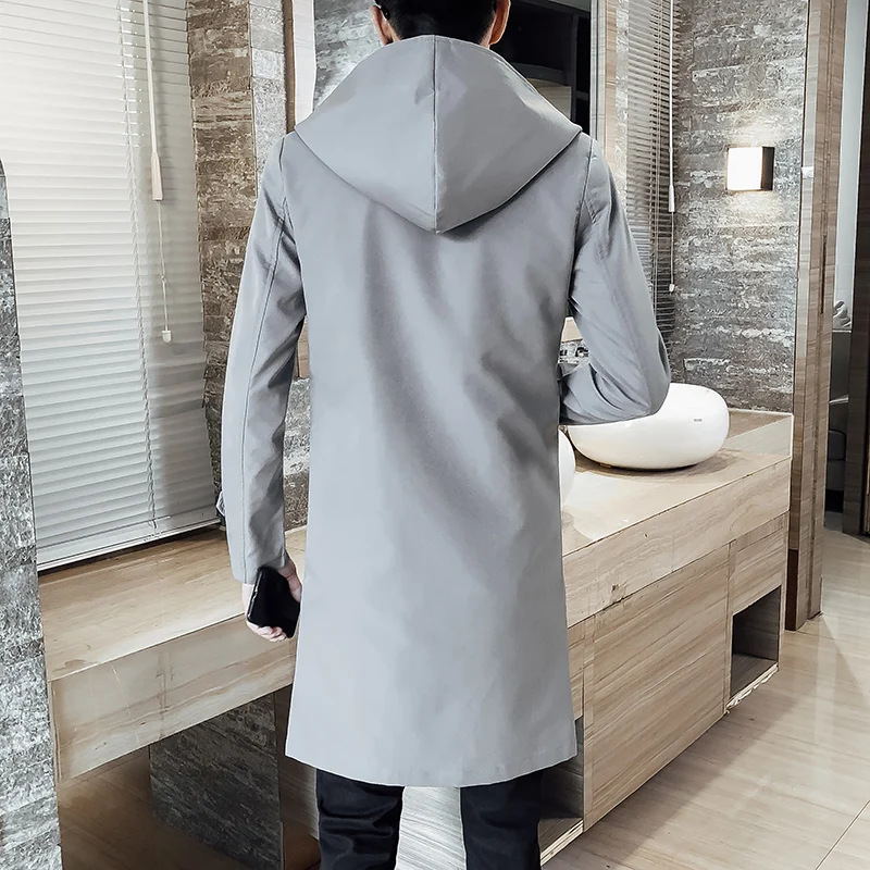  Men's coat long spring and autumn windbreaker men's new hooded jacket brand clothing men's slim cas