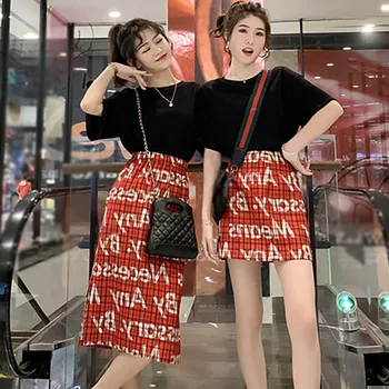 

2PC Suit Set 2019 New Fashion Women T-shirt Skirt Letter Print Skirt Student Girls Casual Skirt Korean Style Set