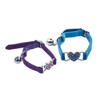 

2 Pcs Heart Charm and Bell Cat Collar Safety Elastic Adjustable with Soft Velvet Material Collar Pet Product Small S Blue & Purp