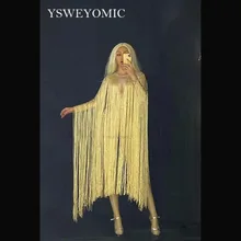 Сексуальная Золотая длинная бахрома, боди, костюм для вечеринки, с длинным рукавом, с кисточками, трико, день рождения, празднование, стрейчевое платье для танцев