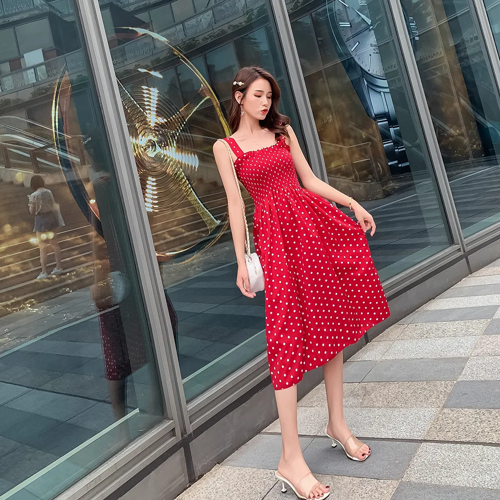 

Photo Shoot Summer New Style Polka Dot Horizontal Neck Mid-length Dress Women's Korean-style Sweet Fashion Slim Fit Strapped Dre