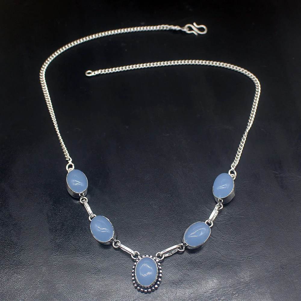 Gemstonefactory Jewelry Big Promotion 925 Silver Vintage Trendy Blue Agate Hot Sale Ladies Women Chain Necklace 44cm
