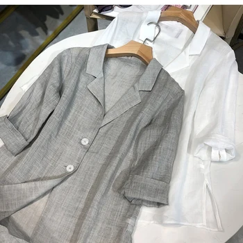 

2020 Summer Women 100% Linen Fabric Blazer Loose Thin 3 Quarter Sleeve Cardigan Tops Grey/White S/M/L/XL/XXL