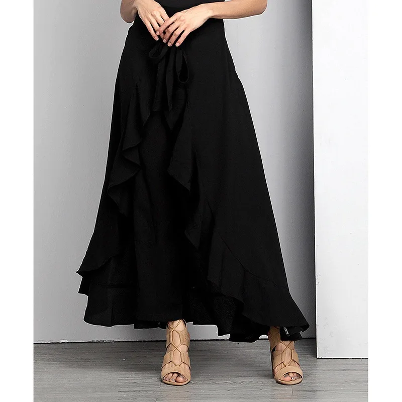 

New Women Wide Leg Pants Fashion Tie-Waist Ruffle Pants Solid Color Long LooseTrousers Ruffled Hem Skirt Pants for Ladies