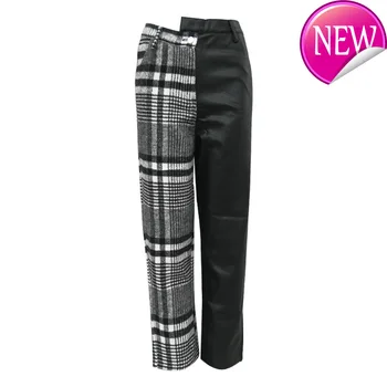 

Fashion New Europe Plaid Women Ankle Length Pants Leather Asymmetric Ladies Pants High Waist Casual Pants Autumn