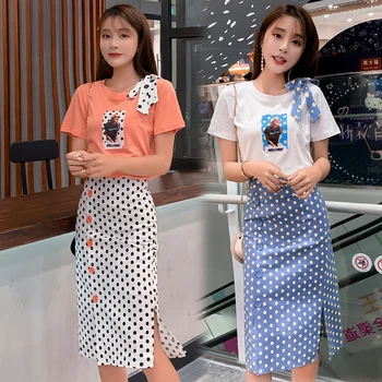 

1915# Summer Sweet Cotton Nursing T Shirt + Pencil Dot Printed Skirts Suits Lacation Mother Breastfeeding Clothes Breast Feeding