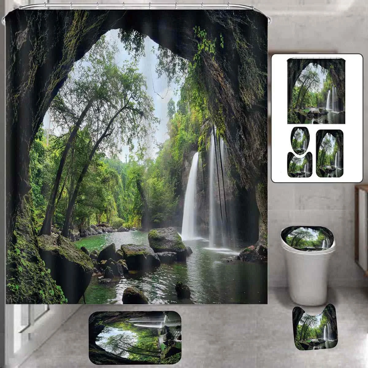 3D водопад вид лес пейзаж ванная комната набор Водонепроницаемый волокно занавеска для душа Противоскользящий коврик для ванной комплект сиденье для унитаза ковер