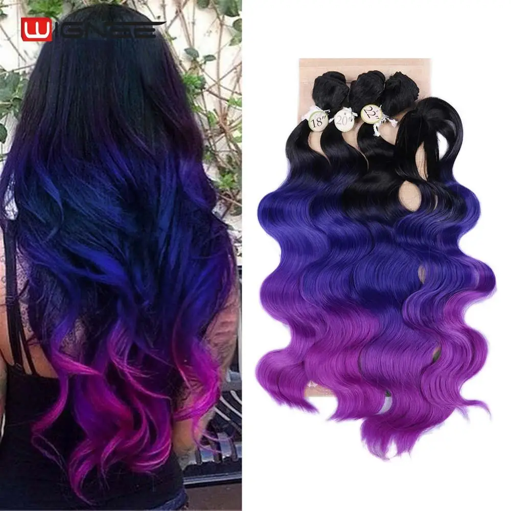 Wignee 4pcs/Lot 3 Bundles With Closure Wave Synthetic For Women Heat Resistant Blue/Purple/Brown/Grey Hair For Women Extensions