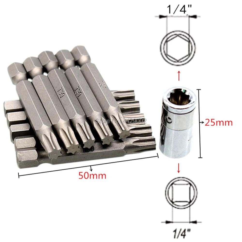 

10x T30 Torx Bit Hex Insert Bit Screwdriver Insert Torx Bits & 1/4" Square Hole to 1/4" 6.3mm Converter Bit Adapter Adaptor