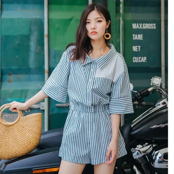 

LANMREM Vertical striped jumpsuit female summer new women's street fashion trendy loose high waist casual jumpsuit shorts YJ363
