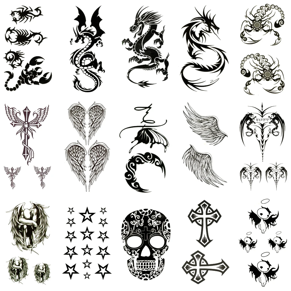 30Pcs/Lot,Waterproof Temporary Fake Tattoos Stickers,Water Transfer, Black Dragon Skull for Women,Men,Cool,Totem,Body Art,Makeup