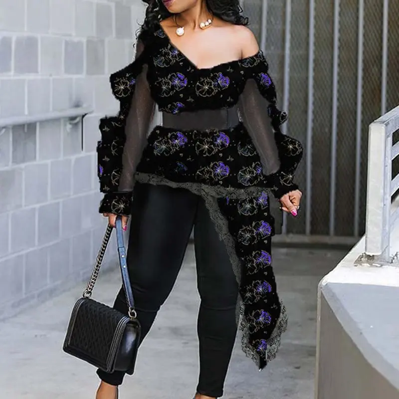 

Irregual Sleeve Floral Print Blouse Women Tops 2019 Autumn African Style Blue Green Female Sexy One Shoulder Blouse Shirts Tops
