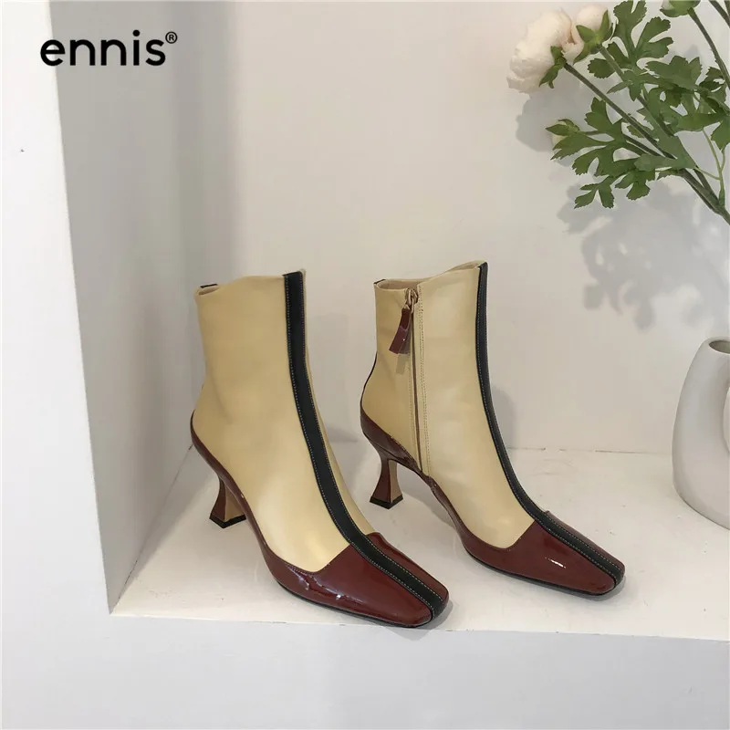 ENNIS/ г. Осенне-зимние модные ботинки женские ботинки из натуральной кожи на высоком каблуке женская дизайнерская обувь в западном стиле на молнии Новинка, A9137
