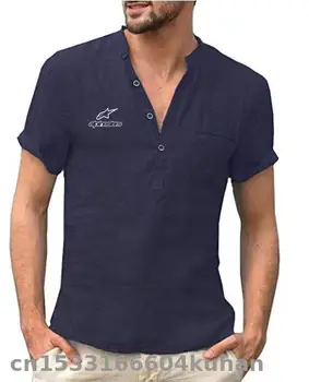 

2020 Summer Cotton short sleeve men's T-shirt Stand collar button Half-placket simple high mountain star short-sleeved shirt